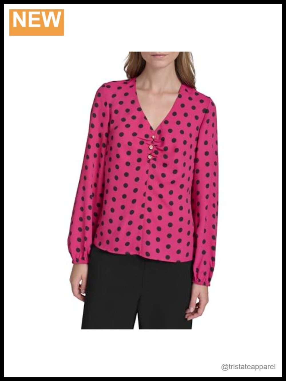 Halston Women's Polka Dot Rouched Blouse Long Sleeve V-Neck 100% Polyester